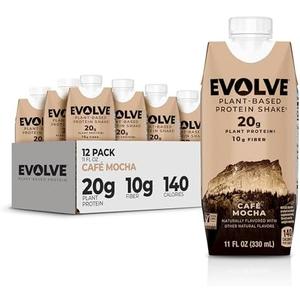 Evolve Plant Based Protein Shake, Café Mocha, 20g Vegan Protein, Dairy Free, No Artificial Sweeteners, Non-GMO, 10g Fiber, 11oz, (24 Pack)