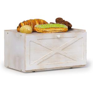Trironsun Bamboo Bread Box for Kitchen Counter Farmhouse Bread Storage Container Large Capacity Bread Storage Bin Bread Holder (Antique White)