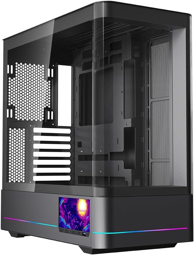 Jungle Leopard AC-02 Digital ATX PC Gaming Computer Case|5.5 Inch Integrated LCD Screen& App|Mid Tower Full View Dual Reinforced Glass Panel|Removable Side Panels|for Micro-ATX ITX (Black)