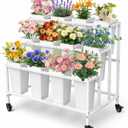PROLEE Flower Display Stand with 12 Buckets, Flower Stand Metal with Wheels, Flower Cart 3 Layers, Flower Stand Metal with Wheels, Moving Florist Bouquet Shelf, Rectangular Rack, White