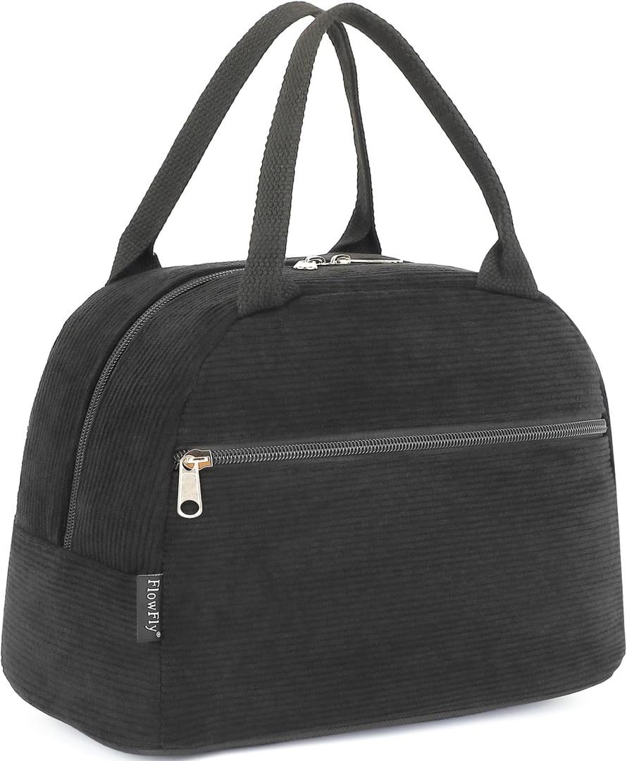 FlowFly Lunch Bag for Women Insulated Lunch Box Corduroy Lunch Tote Cooler for Travel Work Picnic,Corduroy Black