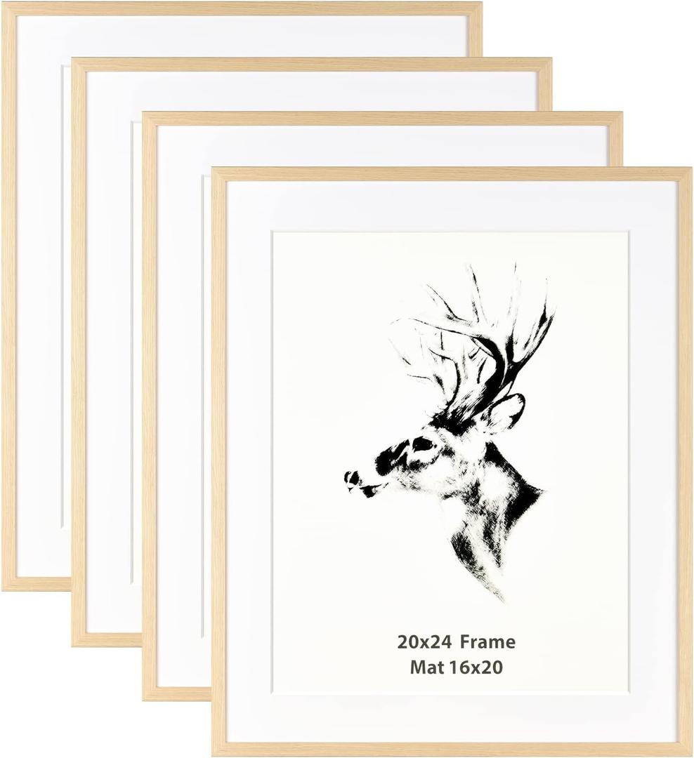 Yaetm 20x24 Picture Frame with Mat for 16x20 Set of 4, Natural Solid Oak Wood Frame for Wall Gallery, Photos, Posters & Art Prints, Horizontal and Vertical Wall Mount (4 pack, Oak)