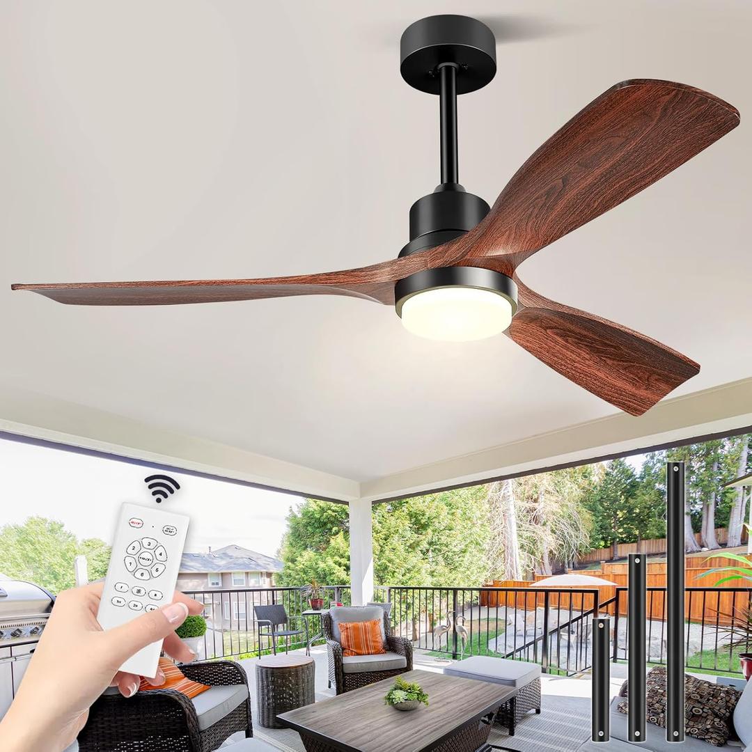 60 Inch Ceiling Fans with Lights, Outdoor Ceiling Fan for Patios with Light and Remote, 3 Downrods, ETL Listed, 3 Blades Solid Wood Ceiling Fan Reversible Quiet Dc Motor For Indoor Bedroom,60in,Walnut