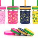 Sursip 15 oz Toddler Kids Cups with Lids and Straws, Stainless Steel Toddler Spill Proof Sippy Cups (4 Pack-Pink/Mermaid Seaweed/Galactic Sky/Dino)