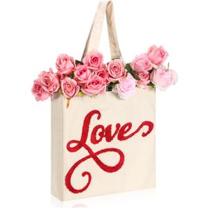 Sadnyy Valentines Day Canvas Tote Bag Embroidery Reusable Valentines Bag Basket Love Heart Gift Bags Cotton Tote with Handles for Wedding Grocery Shopping DIY Craft Valentine's Day Favor