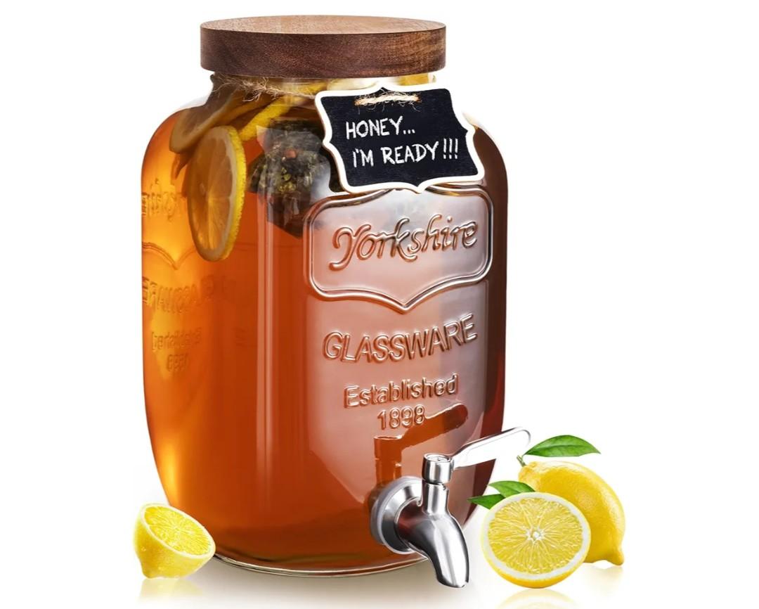 Mustry Glass Drink Dispenser for Parties, 1 Gallon Beverage Dispenser with Spigot Solid Stainless Steel, Used as Lemonade Dispenser Sun Tea Jar Kombucha Jar