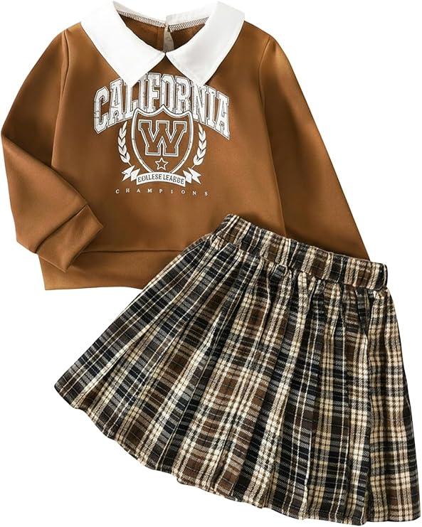 WDIRARA Toddler Girl's 2 Piece Outfit Graphic Sweatshirt Plaid Pleated Skirt Set Preppy Outfits 5