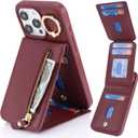 2 x for iPhone 15 pro Case with Card Holder for Women, for iPhone 15 pro Phone Case Wallet with Strap Credit Card with Kickstand Zipper Case - Red Wine