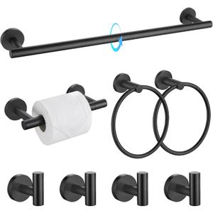 TQKAG 8-Pieces Bathroom Hardware Set Matte Black SUS304 Stainless Steel Bath Towel Bar Set 23.6 Inch Round Bathroom Accessories Kit Wall Mounted