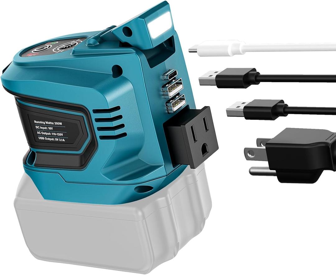 Ecarke 200W Portable Power Inverter Compatible with Makita 18V Battery, DC 18V to AC 110V Power Station with 1 AC Outlet, 2 USB, 1 Type-C & LED Light, for Outdoor Emergency Use (No Battery) (Blue)