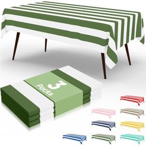misaya 3 Packs Striped Disposable Table Cloth, 54 x 108 Inch Waterproof Rectangle Tablecloth, Leakproof & Sturdy Decorative Table Covers for Picnic, Party and Outdoor, Sage Green and White
