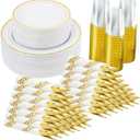 350 Pieces Gold Disposable Plates for 50 Guests, Disposable Plastic Plates for Party, Wedding, Dinnerware Set of 50 Dinner Plates, 50 Salad Plates,50 Cups and 50 Paper Napkins, Gold