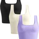 KIKIMINK Womens Crop Tank Tops 3 Pack Seamless Ribbed Sleeveless Square Neck Workout Yoga Gym Shirts Fitted Basic Camisole (M)