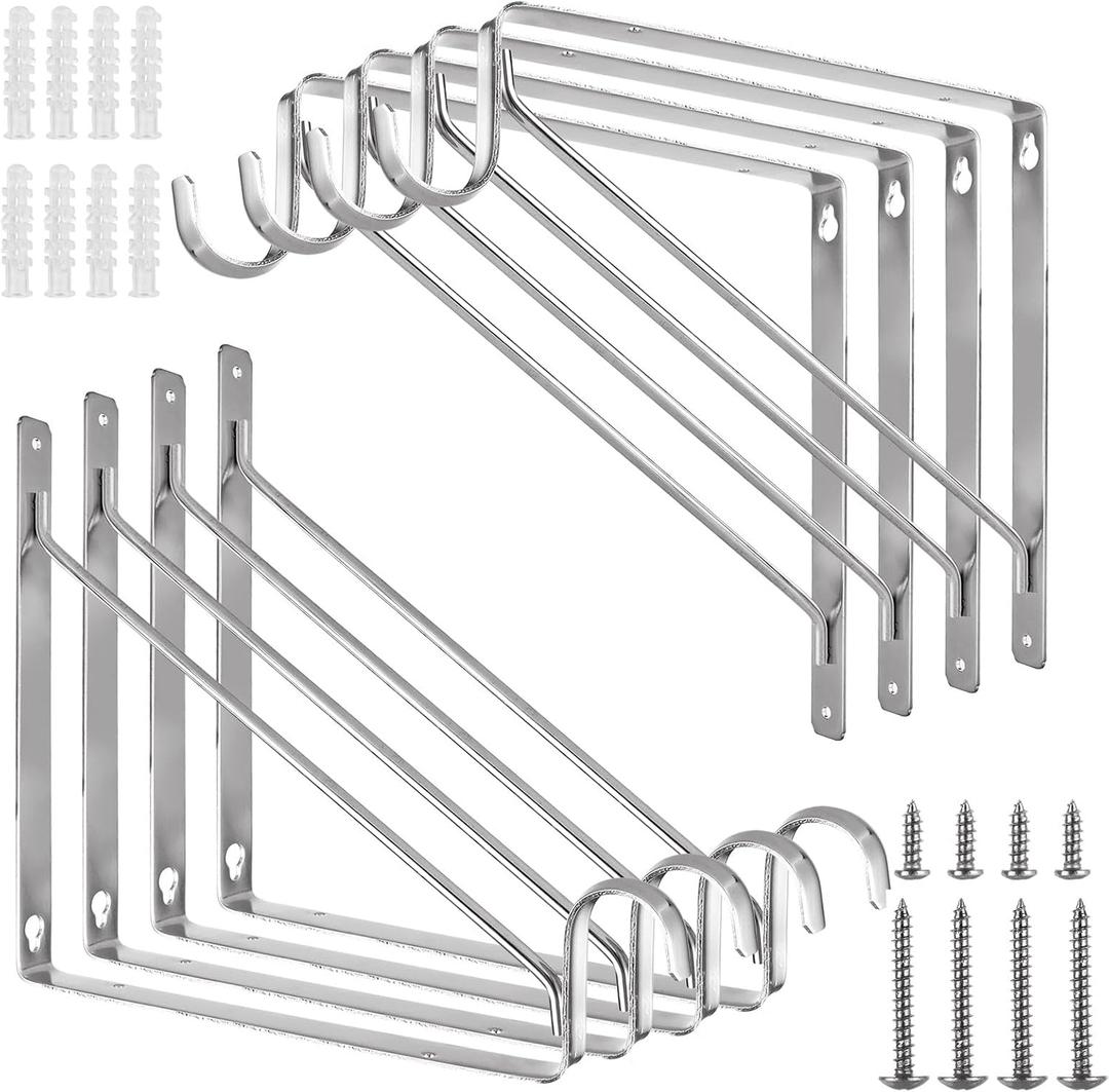 8 Pack Heavy Duty Closet Rod Brackets Holder 11 x 11 x 1 Inch, Electroplated Silver Closet Rod Support Bracket Steel Closet Rod Holders, Wall Mounted Shelf and Rod Support Bracket
