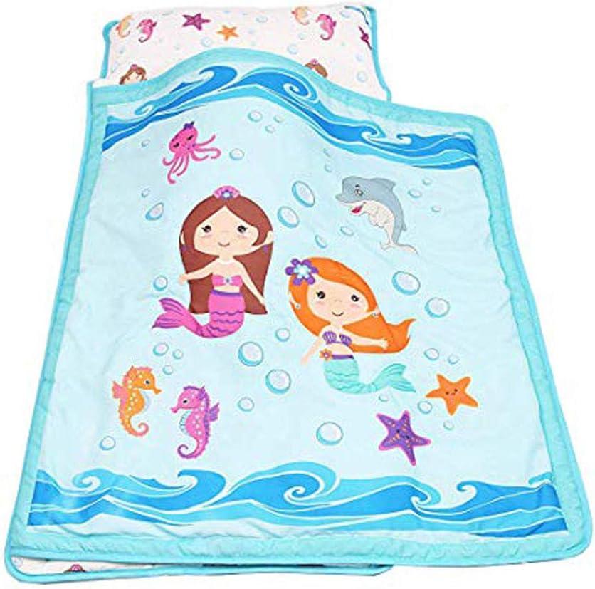 EVERYDAY KIDS Toddler Nap Mat with Removable Pillow -Underwater Mermaids- Carry Handle with Fastening Straps Closure, Rollup Design, Soft Microfiber for Preschool, Daycare Sleeping Bag, Ages 2-6 years