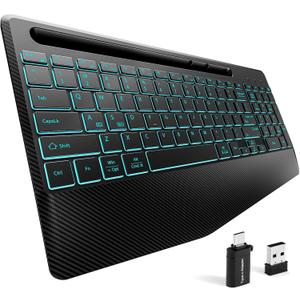 Hamile 2.4G&Bluetooth Wireless Keyboard - Light Up Keyboards with Wrist Rest - 8 Backlit Effects - Slim Rechargeable Silent with Holder for Windows, Mac, Black