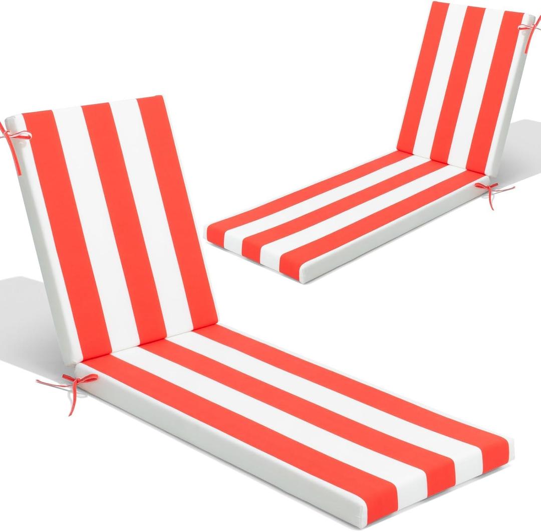 Crestlive Outdoor Chaise Lounge Cushions, 3 Years Fade Resistant Water Resistant Lounge Chair Cushion, 72''L x 21''W, Set of 2, Red Cabana Stripe