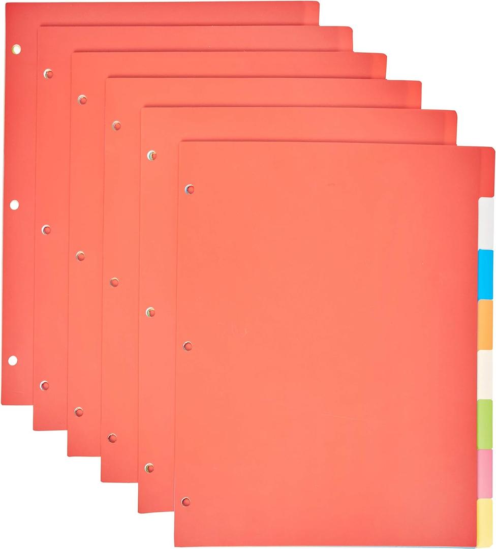 Amazon Basics 8-Tab Plastic Binder Dividers with Multicolor Tab Labels for 3 Ring Binder, Letter Size, 48 Sets