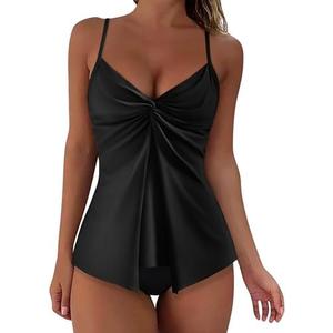 RXRXCOCO Women's Tankini Push Up Tummy Control Swimsuit Knot Front Bathing Suit, Black, L