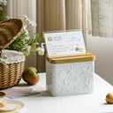 Recipe Box with Cards and Dividers Set 4x6 Recipe Holder for Kitchen Counter Metal White Starfish Pattern Embossed Recipe Card Box with Wooden Grooved Lid
