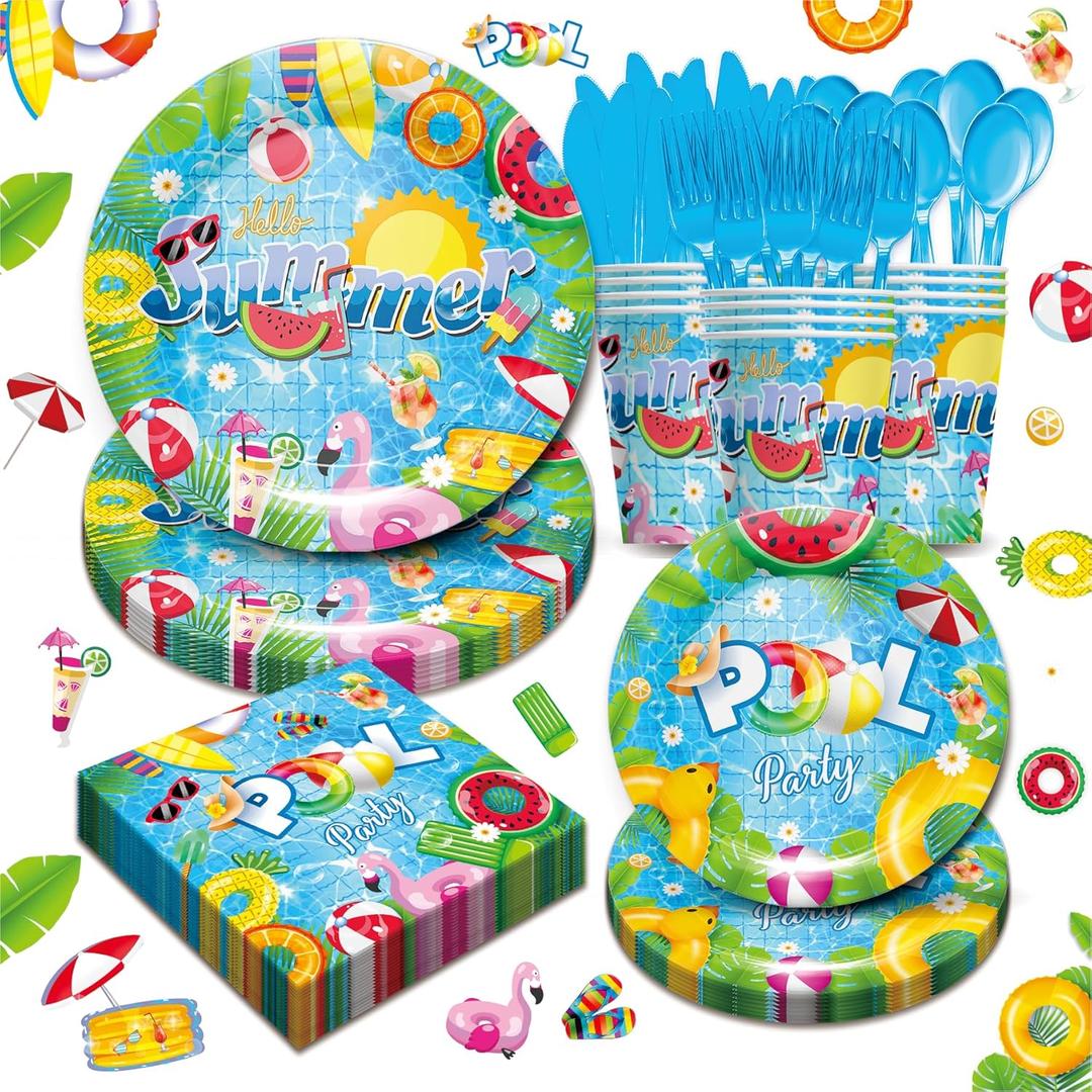 Sunmmer Swimming Pool Party Supplies Tableware Set - Tropical Beach Decorations Include Plates, Napkins, Cups, Cutlery, for Hawaiian Beach Theme Party Supplies | Serves 24