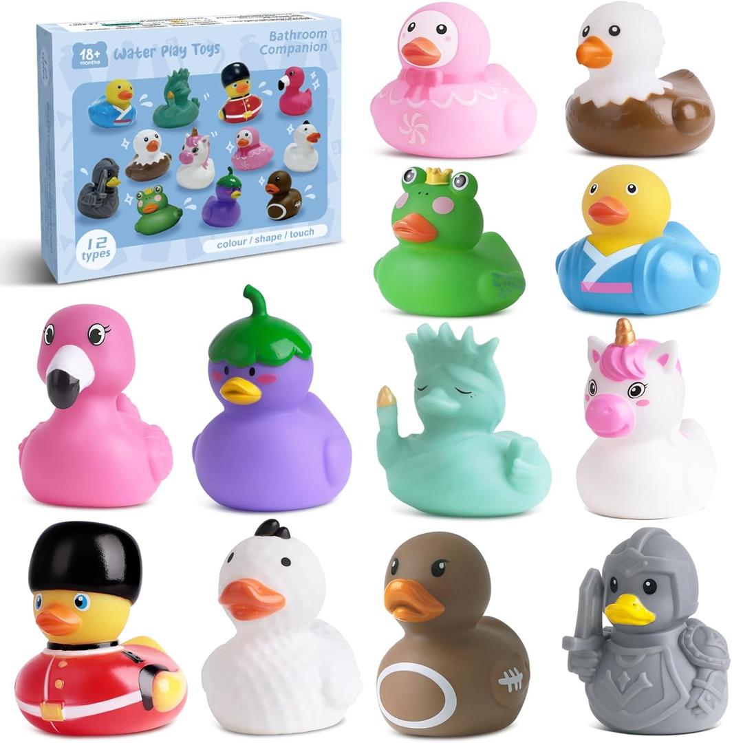 12 Rubber Ducks, Toddler Bath Toys, No-Hole Bathtub Toys for Baby Pool Toys for 18+ Months Girls Boys