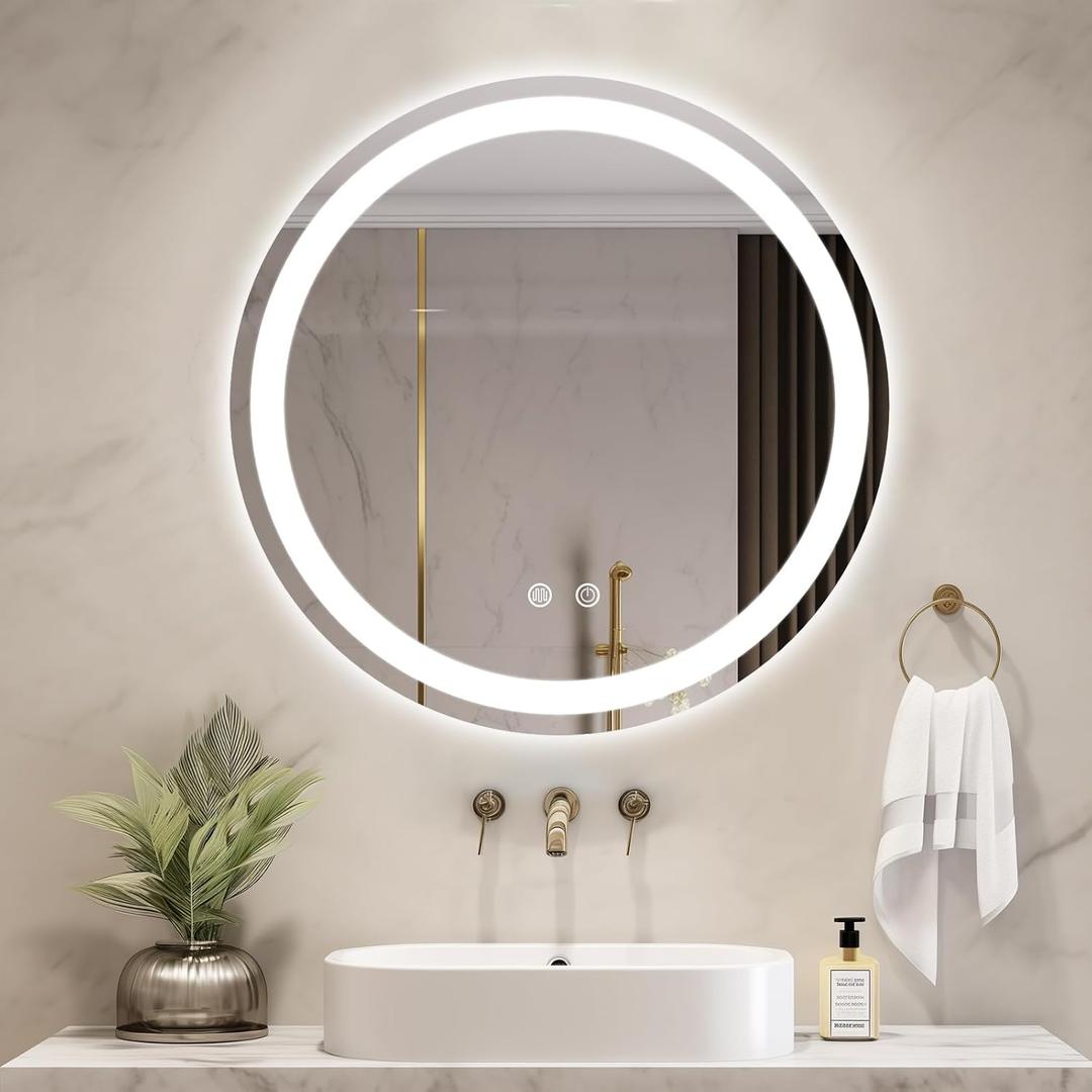 WallBeyond LED Bathroom Mirror with Lights, 20'' Round Light Up Bathroom Mirror for Wall with Front and Backlit, Anti Fog Led Mirror for Bathroom, 3 Colors and Dimmable Light