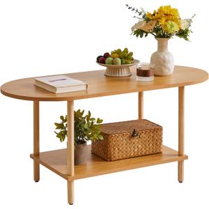 Wooden Tea Table Small Coffee Table, 2 Tier Coffee Table for Living Room, 35x16x17inch TV Table Stand with Storage Shelf Natural Wood Color YD-012N