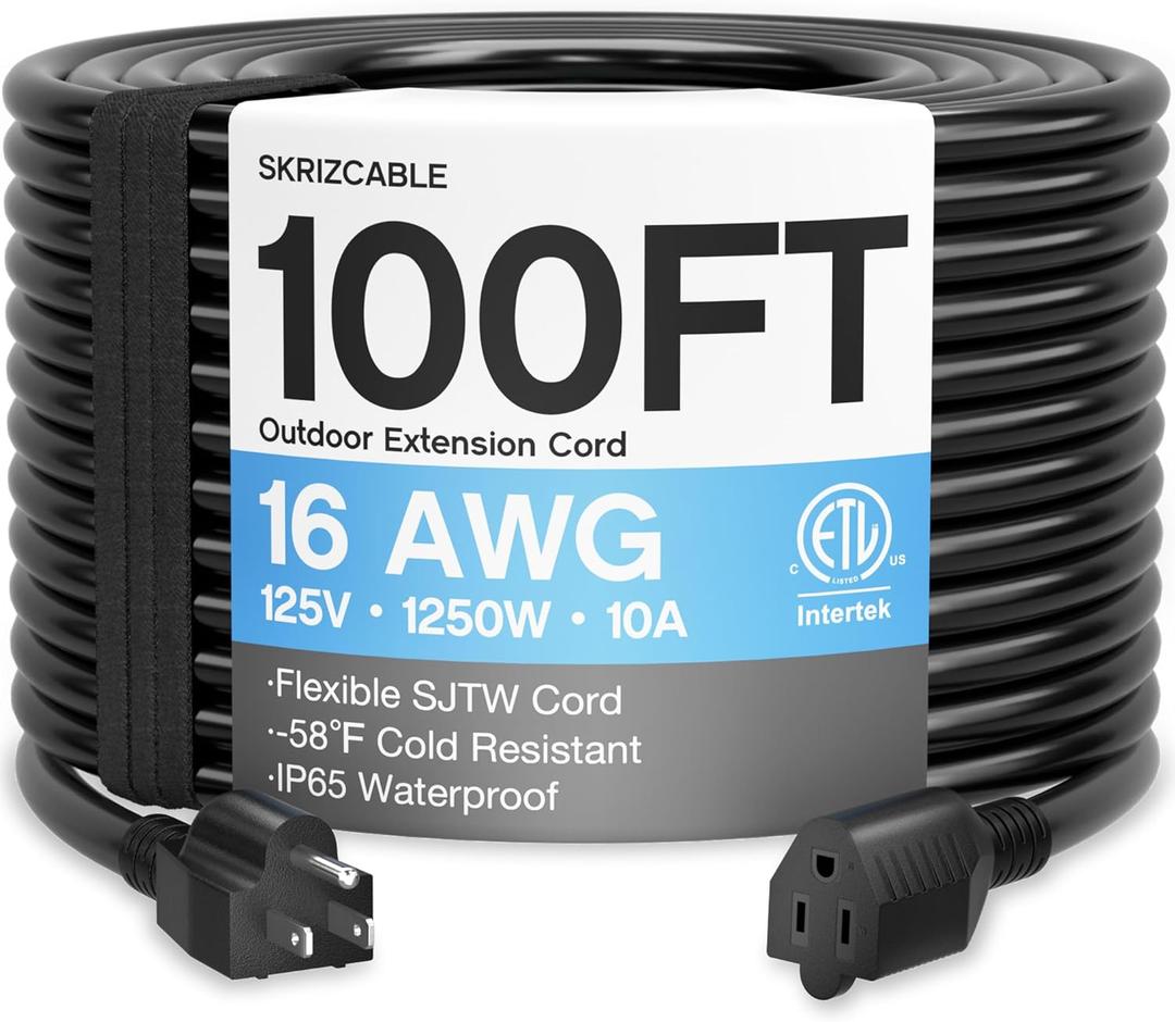16/3 100 Ft Outdoor Extension Cord Waterproof, Weatherproof & Flame Retardant Black 3 Prong Power Cord Outside for Lawn & Garden, 16AWG 10A 1250W 125V SJTW ETL Listed