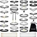 PAXCOO 32 PCS Choker Necklaces Set Including 26 Pcs Black Choker Necklaces and 6 Pcs Extender Chains for Women Ladies