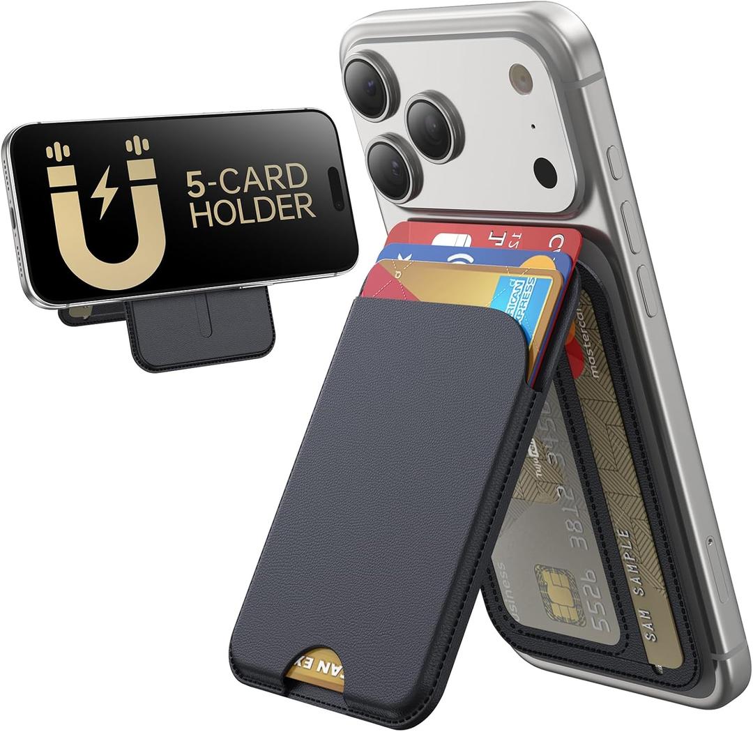 for MagSafe Wallet, 5 Cards Holder with Stand, Magnetic Phone Wallet Stand for iPhone 17/16/15/14/13/12 Pro Max Air Plus Series, RFID Blocking Vegan Leather,Black
