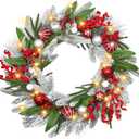 Christmas Wreath with Lights,22-24In Large Christmas Wreaths for Front Door,Battery Operated,Red Berrie,Ball Ornaments and Pine Branch for Door Window Wall Christmas Decoration