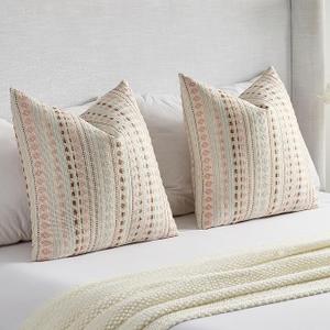 FUTEI Pack of 2 Chenille Jacquard Throw Pillow Covers 20x20 Inch Soft Cozy Woven Embroidery Decorative Cushion Case Boho Farmhouse Accent for Couch Bed Living Room, Pink Blue