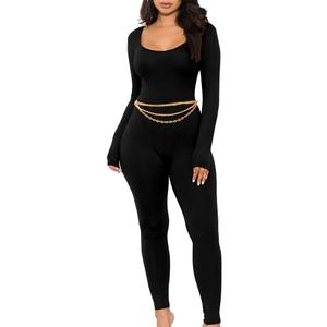 GOKATOSAU Women's Sexy Long Sleeve Bodycon Solid Outfits Club Rompers Jumpsuits (Large, Black)