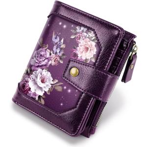 Small Wallet for Women, RFID Blocking Leather Compact Billfold RFID Blocking Zipper Wallet with ID Window, Purple Flowers