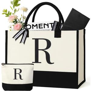 Personalized Canvas Tote Bag for Women Makeup Pouch Initial Beach Bag Removable Bottom Board for Travel Birthday