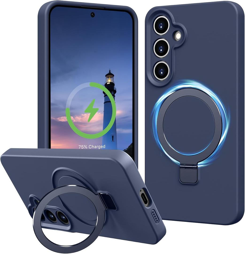 Compatible with Samsung Galaxy S24 Case with Stand, Full Camera Protection Liquid Silicone Case, MagSafe Compatible Magnetic Kickstand, Dark Blue