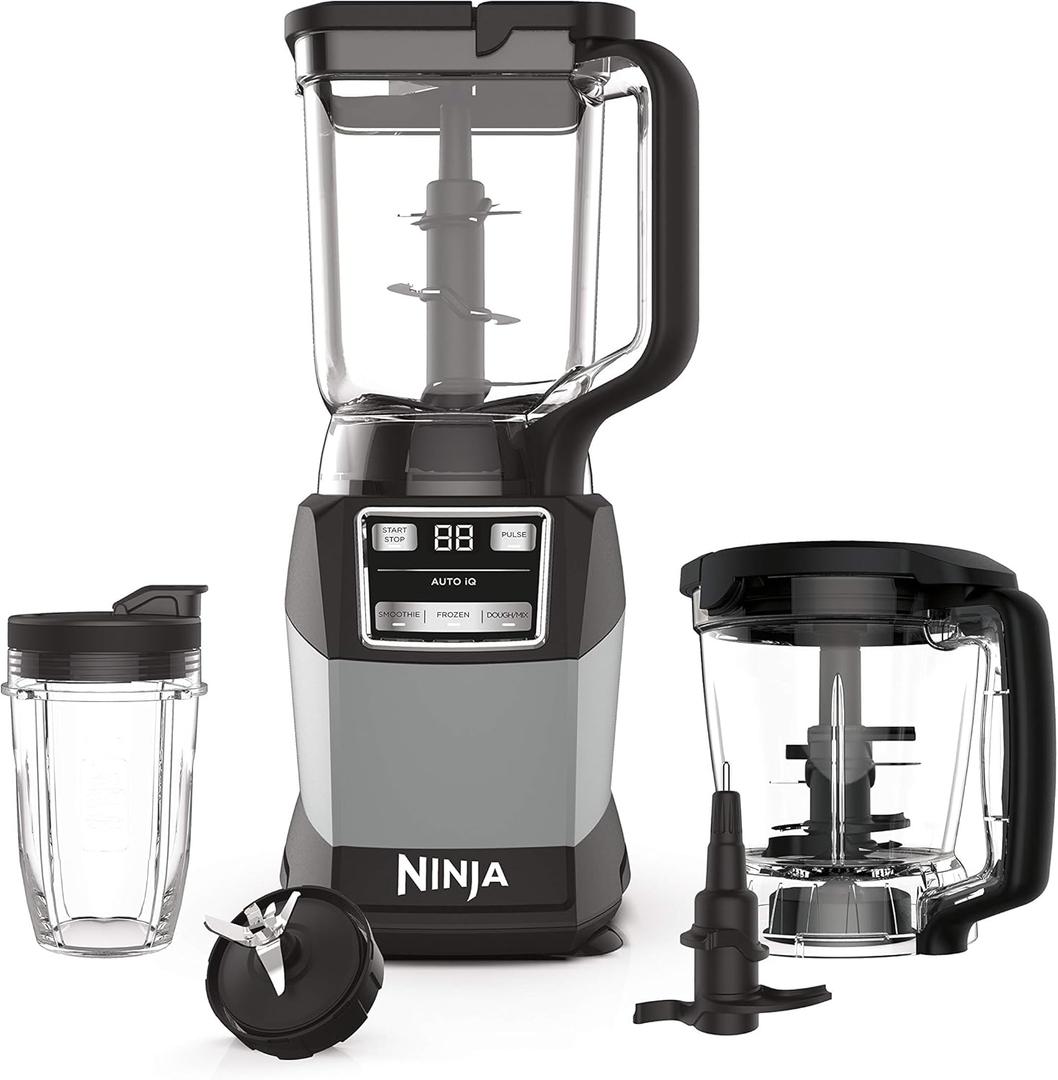 Ninja Blender, Compact Kitchen System, 1200W, 3 Functions for Smoothies, Dough & Frozen Drinks with Auto-IQ, 72-oz.* Blender Pitcher, 40-oz. Processor Bowl & 18-oz. Single-Serve Cup, Grey, AMZ493BRN (1200 Peak Watts)