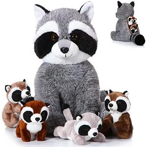 Harrycle 5 Pcs Raccoon Stuffed Animal Set Adorable Mommy Raccoon Plush with 4 Cute orable my Soft Cuddly Plushie for Birthday Woodland Party Decor(Lovely Style)