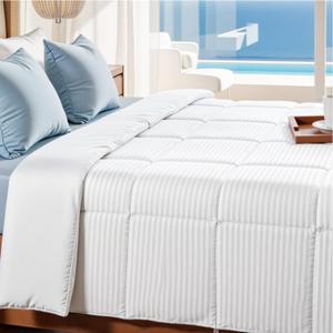 Duvet Insert Queen Size - Lightweight Comforter, Quilted Cooling Duvet Insert, Down Alternative Summer Comforter with 8 Tabs, Ultra Soft, Striped, Machine Washable, Queen, White90x90