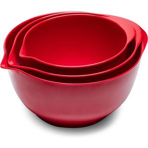 Mixing Bowls Set, 3 Piece Melamine Nesting Bowls with Pour Spout, Non-Slip Base, Great for Prepping, Baking, Mixing Cooking, BPA free and Dishwasher Safe, Red