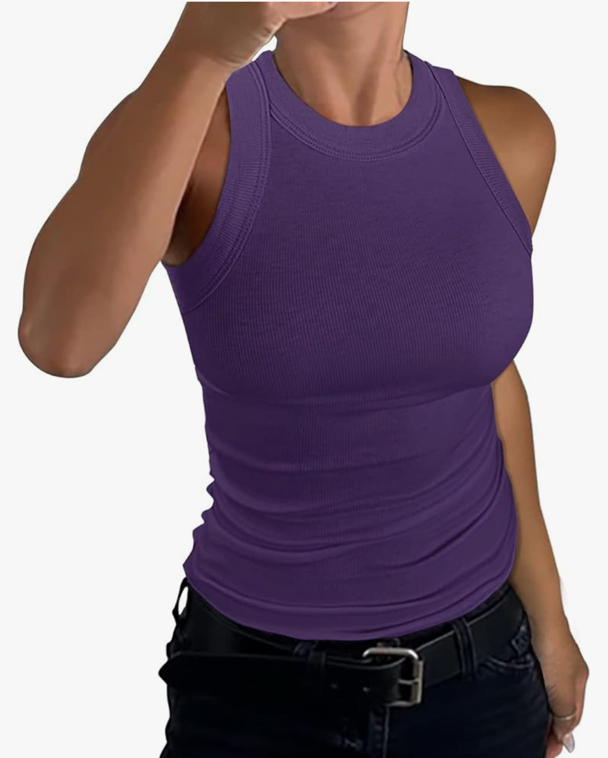 GEMBERA Womens Sleeveless Racerback High Neck Casual Basic Cotton Ribbed Fitted Tank Top, Size S