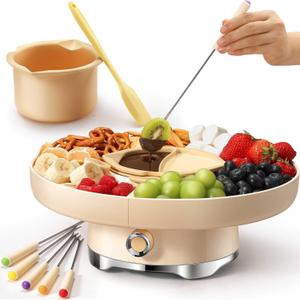 Chocolate Fondue Pot Set Electric Melting Machine, 4-Cup Capacity 4 Trays 5 Forks 1 Spatula Cheese Warmer, Ideal Gift for Couple Family & Date Night Idea House Warming Holidays Essentials (Cream White)