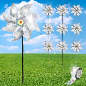 10Pack Pinwheels for Yard and Garden, Reflective Pinwheels to Scare Birds Away, Sparkly Sliver Pin Wheels with Bird Scare Tape for Outside (Pack of 10) (Silver)