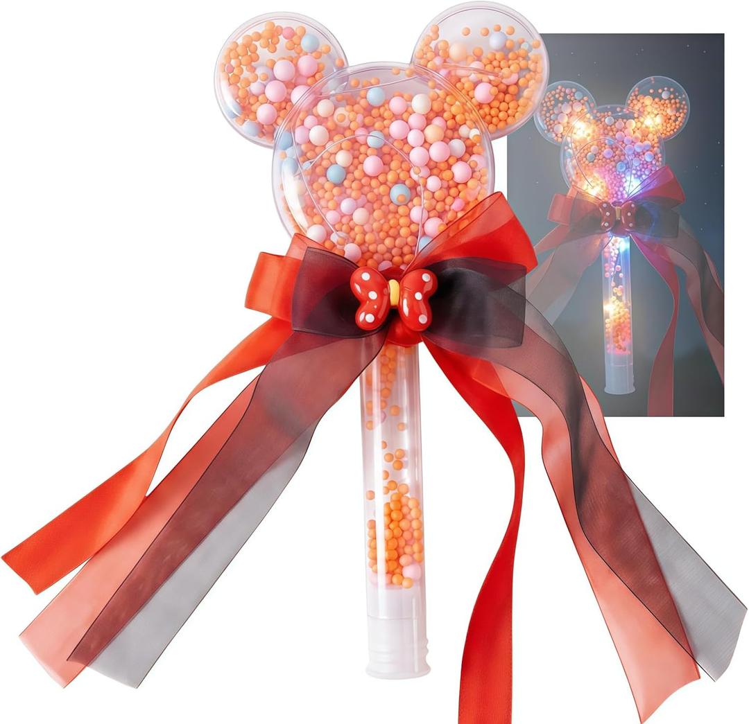 Theme Park Accessories Mouse Ears Ribbon Wand Party Favors - Magical Handheld Costume Props with Polka Dot Bow and Decorative Colored Beads for Vacation, Parade & Carnival
