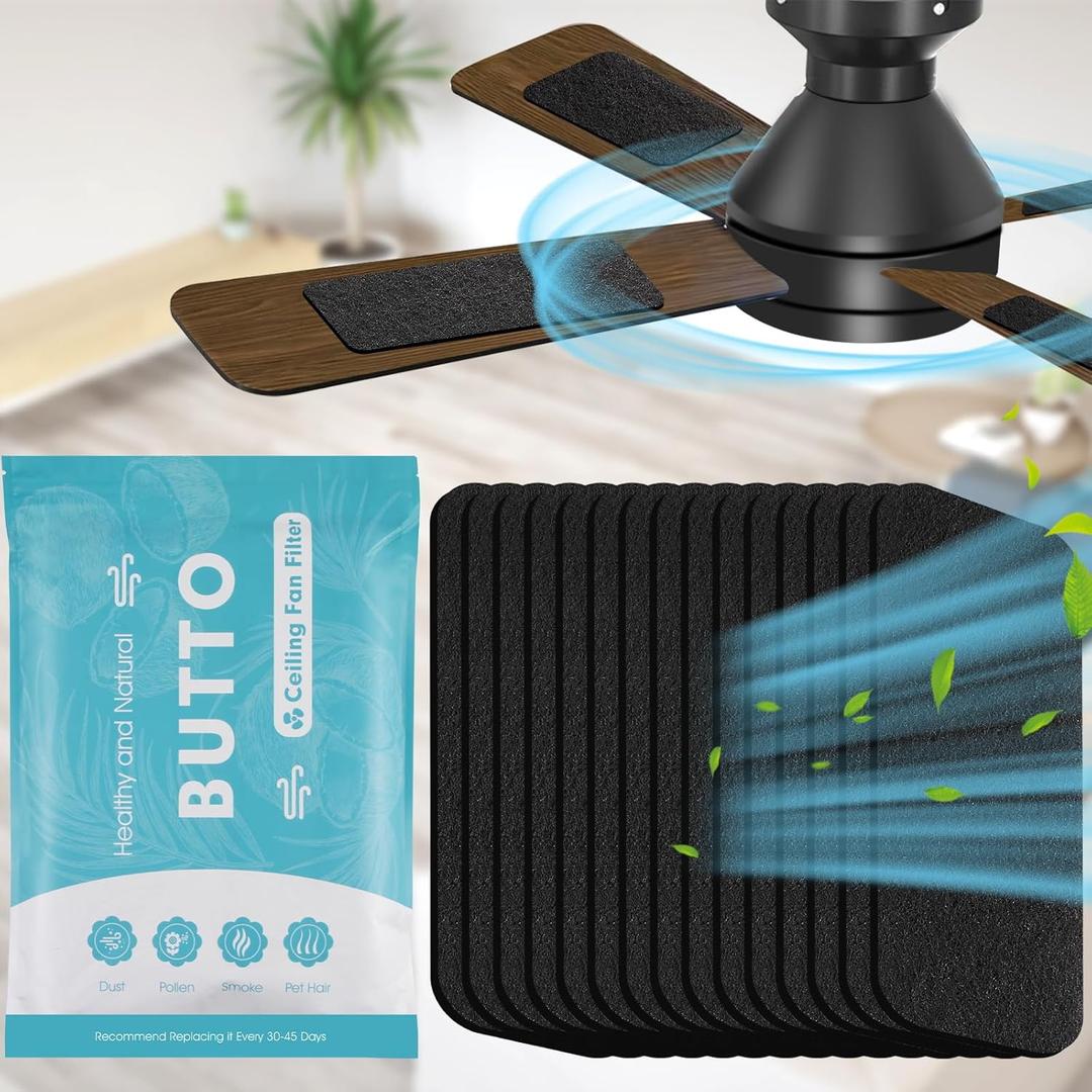 Butto 15-Pack Ceiling Fan Filters for Blades - Strong Adhesive Ceiling Fan Filters for Common Household Contaminants - Fibrous Carbon Fan Air Purifier Pads to Make Air Fresh and Natural