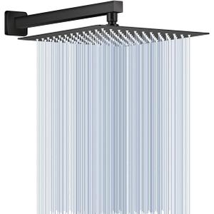 All Metal Matte Black Rainfall Shower Head with Extension Arm, 12" Large Rain Square Showerhead with 16" Long Shower Arm Stainless Steel, 144 Silicone Nozzles Waterfall Full Body Coverage