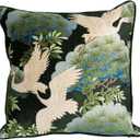 Creative Co-Op Cotton Blend Velvet Printed Pillow with Cranes and Piping, Multicolor, Green