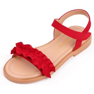 PANDANINJIA Toddler Sandals, Summer Open Toe Girls Flats, Flower Sandals Dress Shoes, Sandals for Girls Kids (Red, 1 Little Kid)