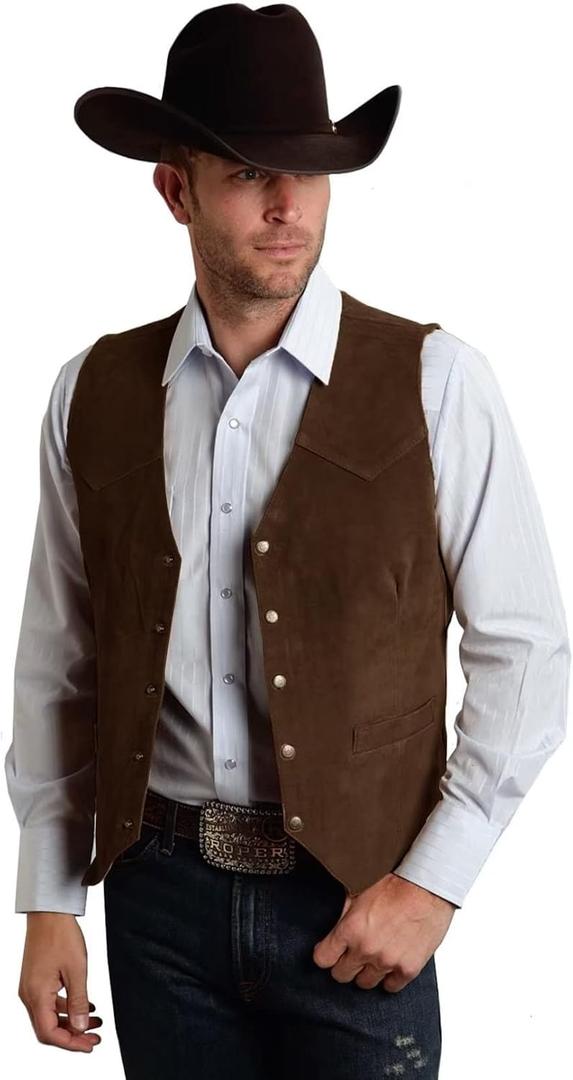 Men's Suede Leather Vest Vintage Cowboy Style Sleeveless Jacket Slim Fit Wedding Waistcoats (Medium, Brown)